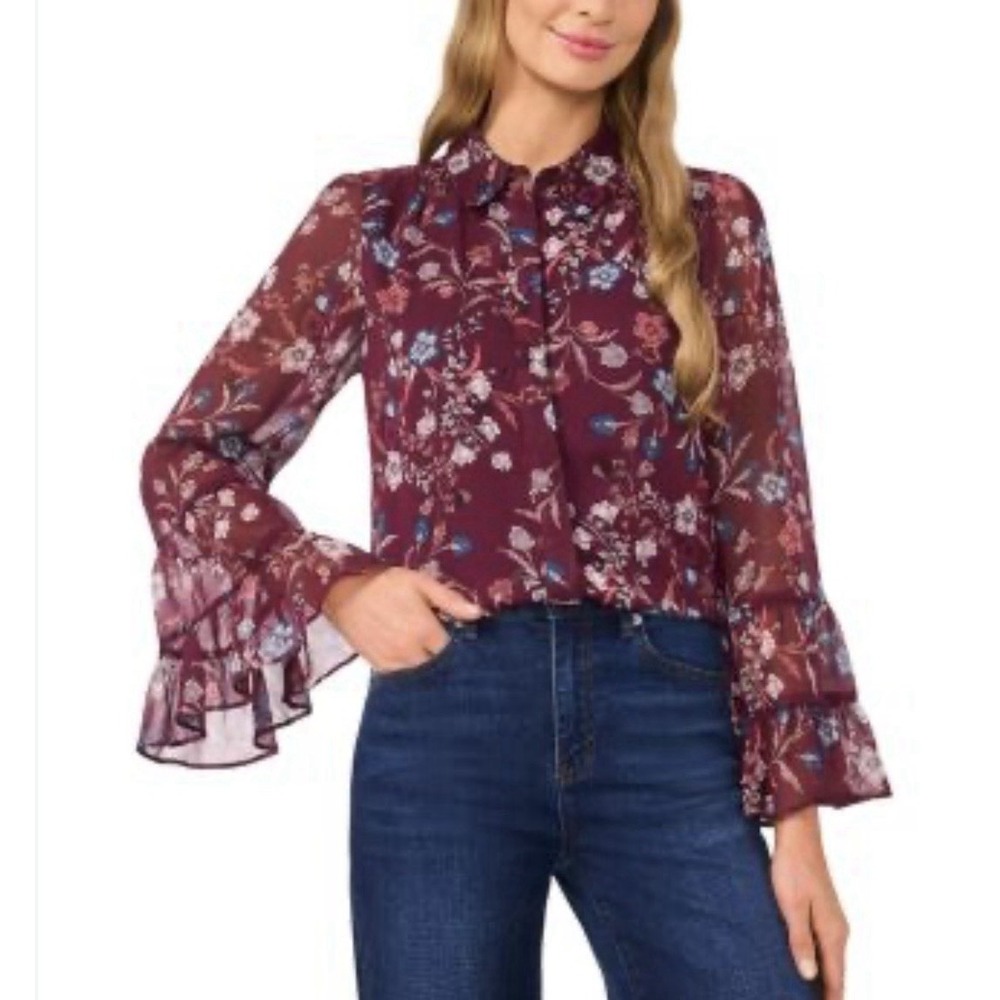 CeCe Floral Blouse L Purple Plum Bell Ruffle Long Sleeves Boho Peasant Hippie